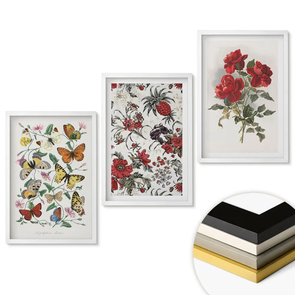 Triptych v rámu Květiny a motýli v harmonické kombinaci