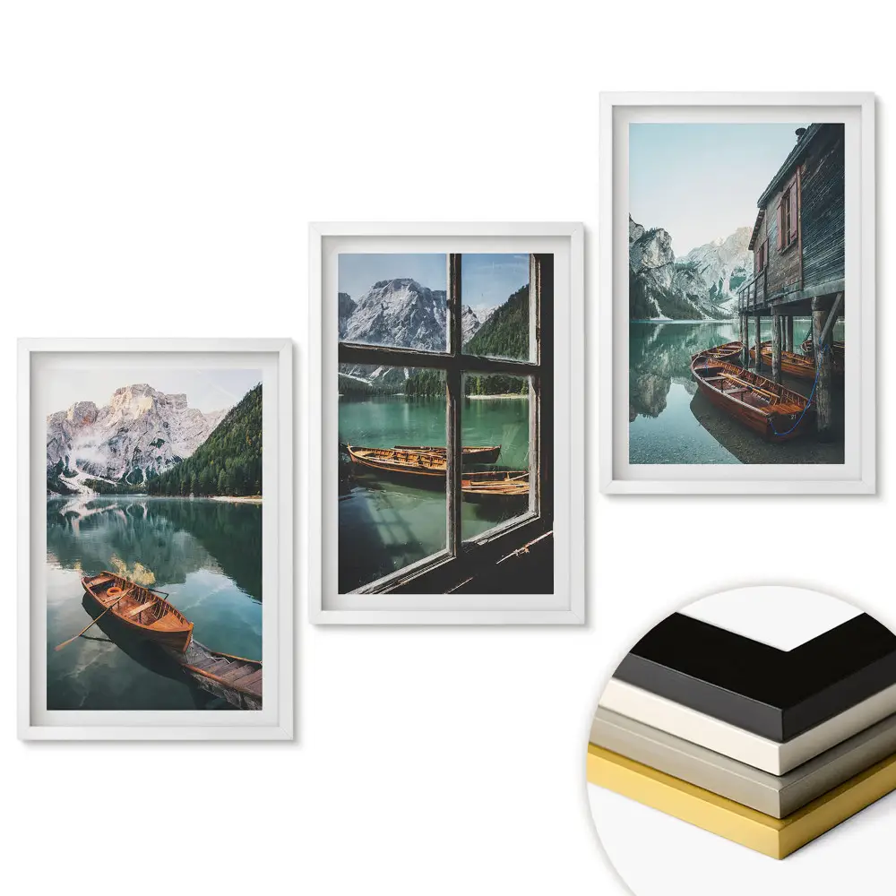 Triptych Klid horských jezer a lodí v rámu