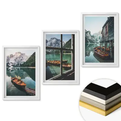Triptych Klid horských jezer a lodí v rámu