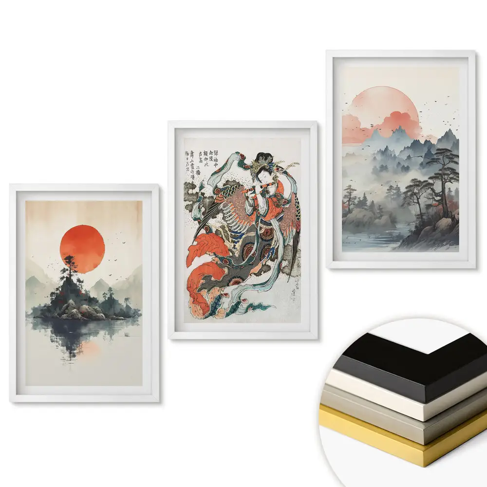 Triptych v rámu Japonské krajiny s rudým sluncem