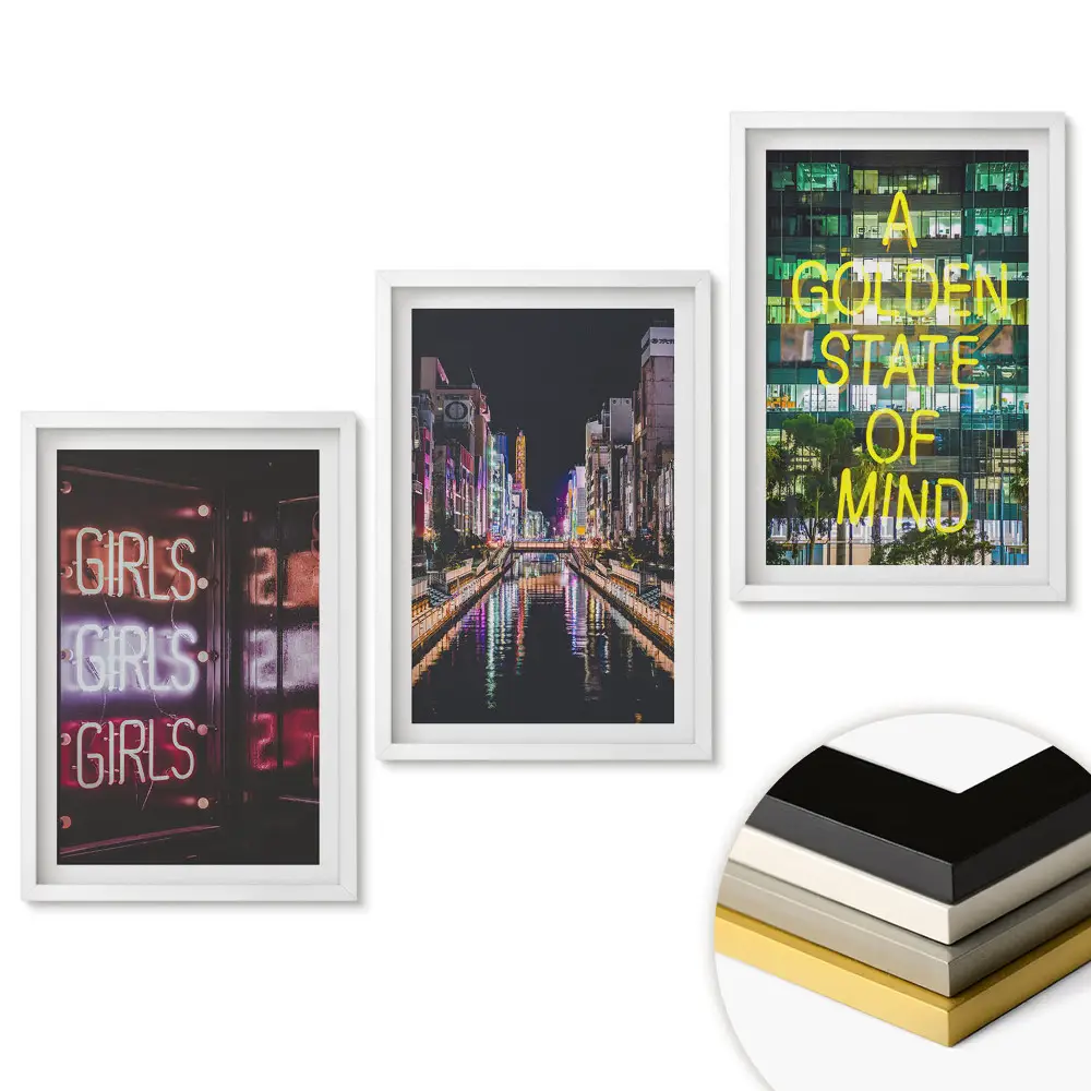 Triptych Městská světla a neonové nápisy v rámu