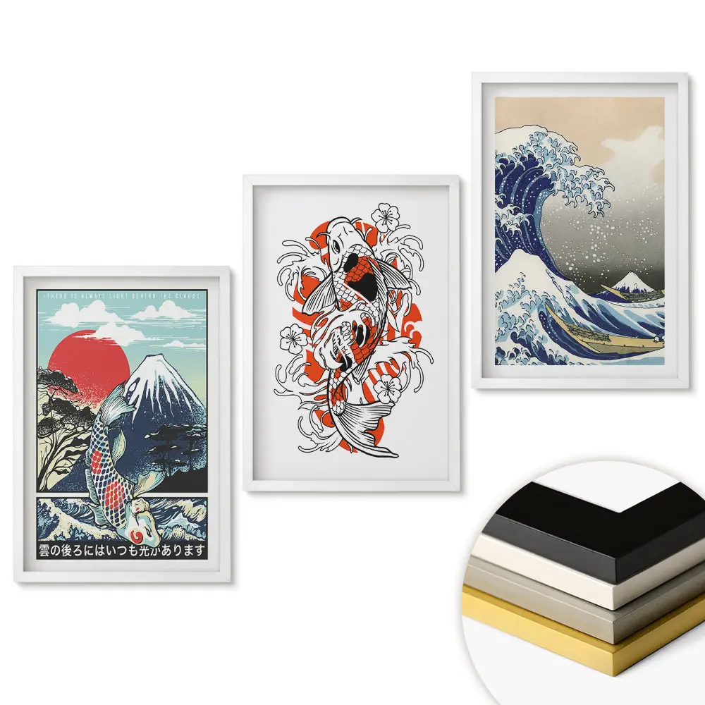 Set obrazů do obývacího pokoje Japonské umění Vlny a kapr