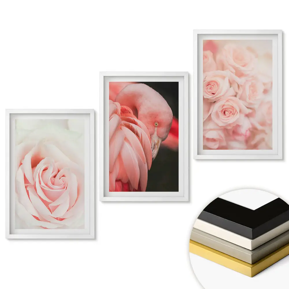 Triptych v rámu Jemné odstíny růžové a květiny
