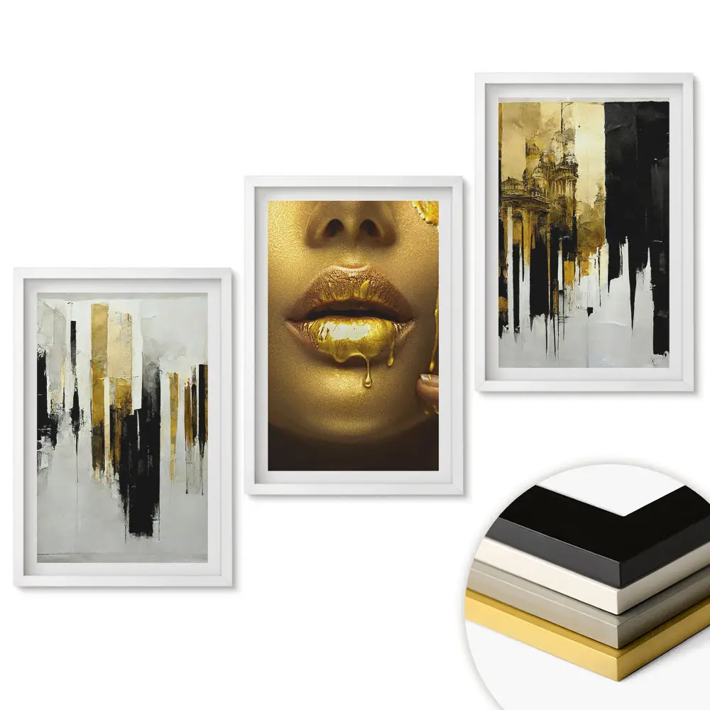 Triptych v rámu Moderní umění se zlatými akcenty
