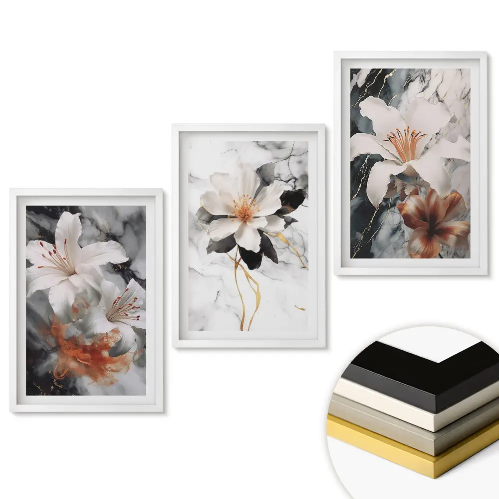 Triptych Květinové inspirace na mramorovém pozadí v rámu