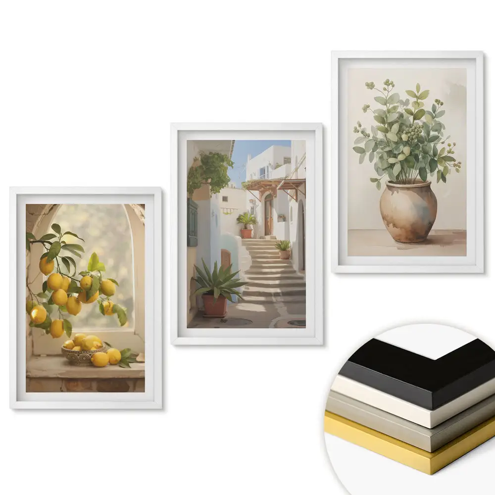 Triptych v rámu Citrony, schody a rostliny