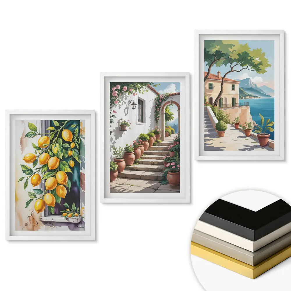 Triptych Slunečná krajina a citrusová inspirace v rámu