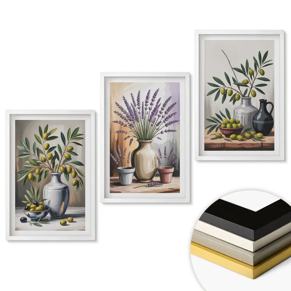 Triptych Květiny a olivy ve vázách v rámu