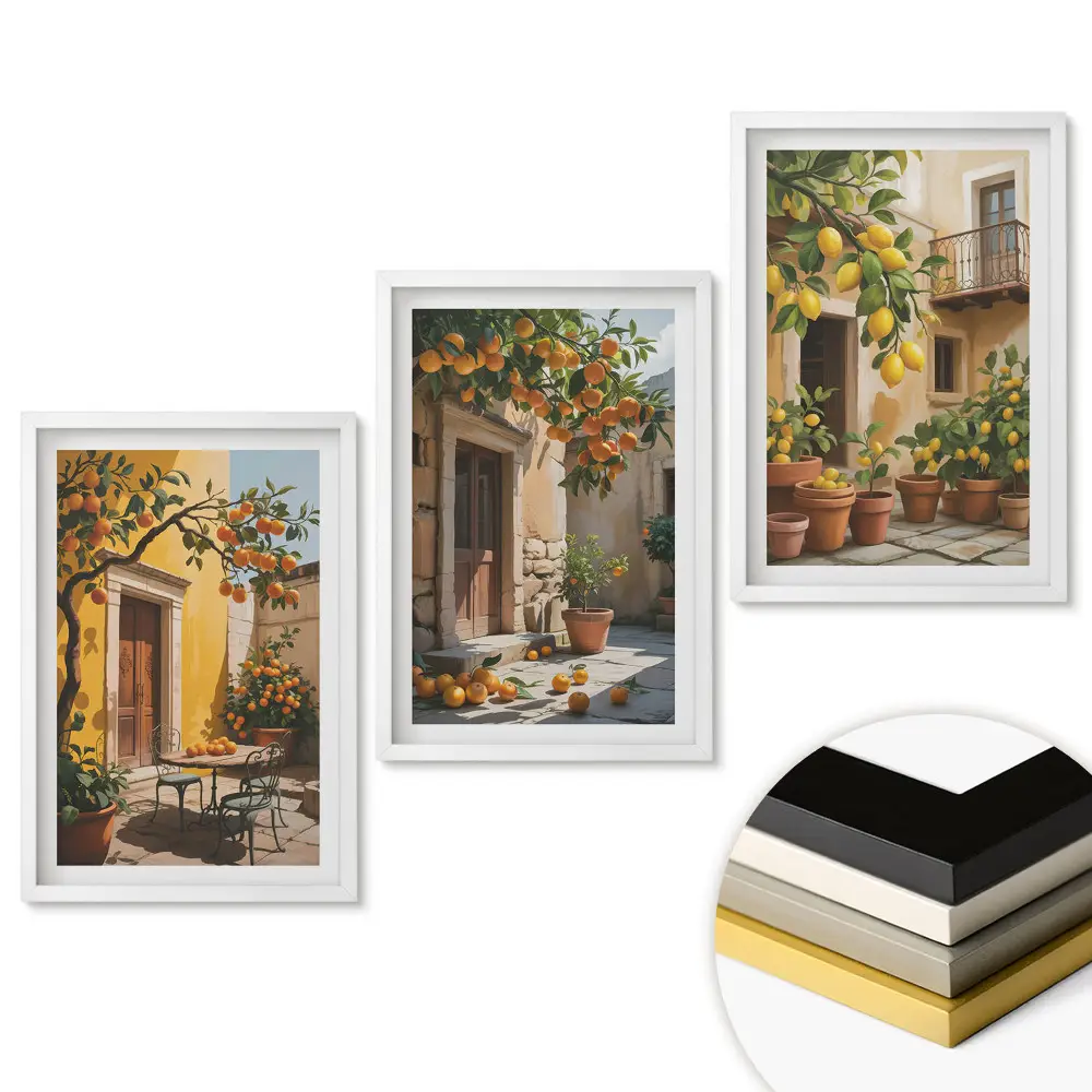 Triptych v rámu Slunečná oáza s citrusovými stromy