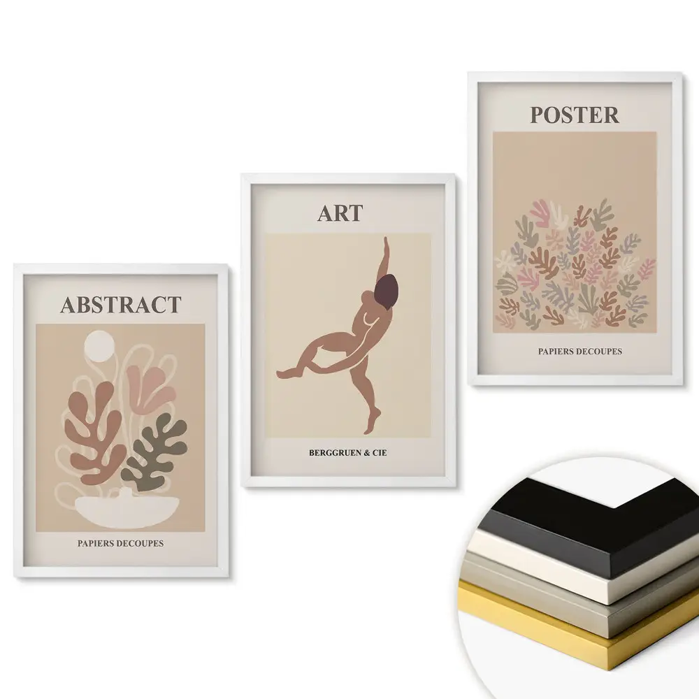 Moderní triptych v rámu s grafikou v tlumených barvách