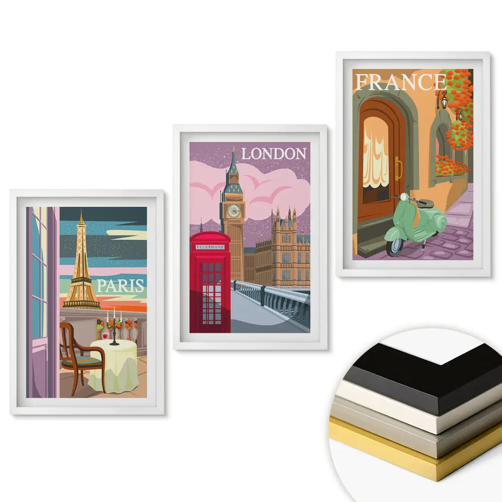 Triptych v rámu Evropská města v retro stylu