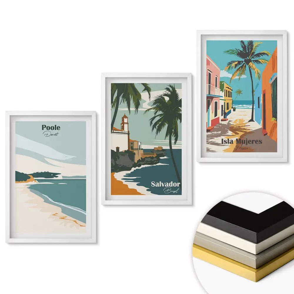 Triptych Tropická místa v retro stylu v rámu