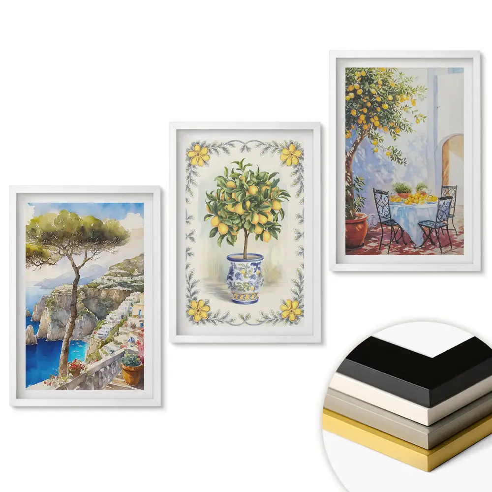 Triptych Italská krajina s květinovými akcenty v rámu
