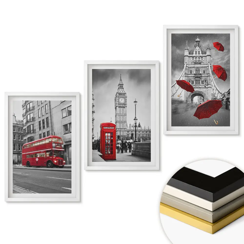 Triptych Londýnské symboly v rámu v monochromatickém provedení