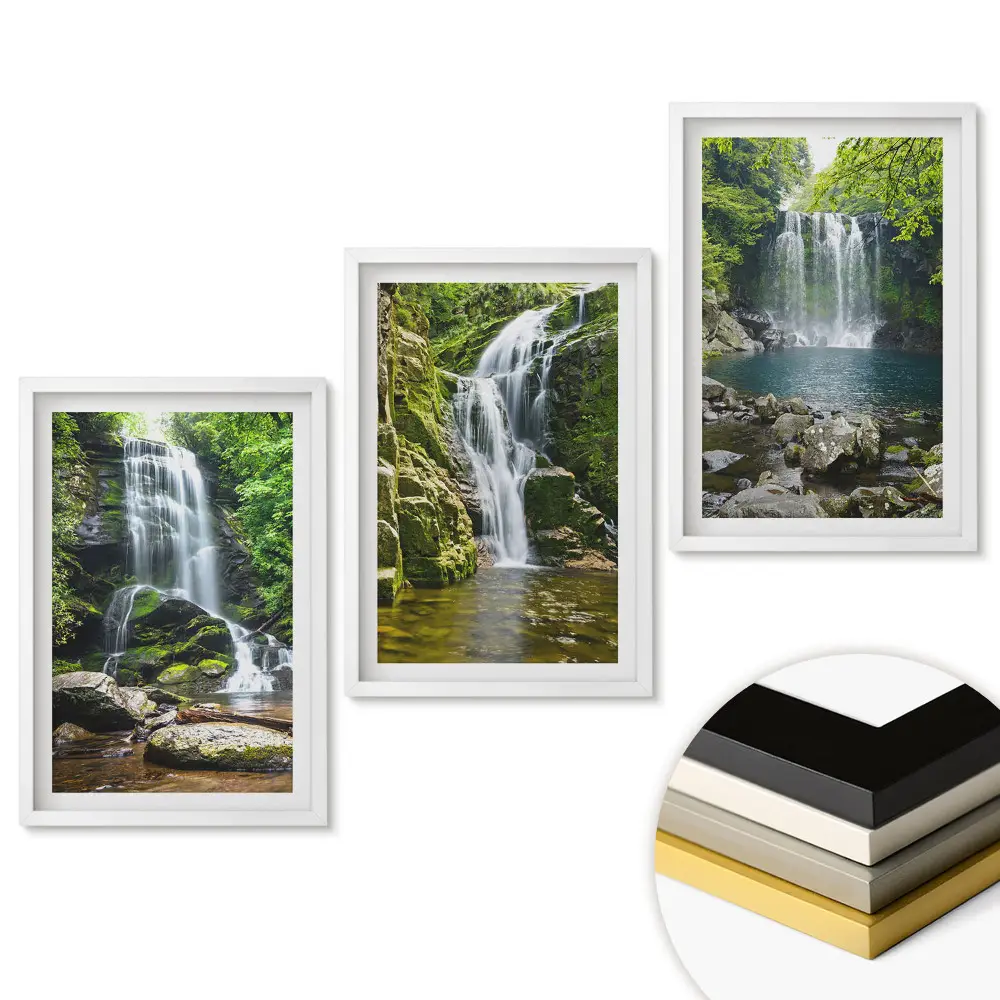 Triptych vodopády v malebné přírodě v rámu