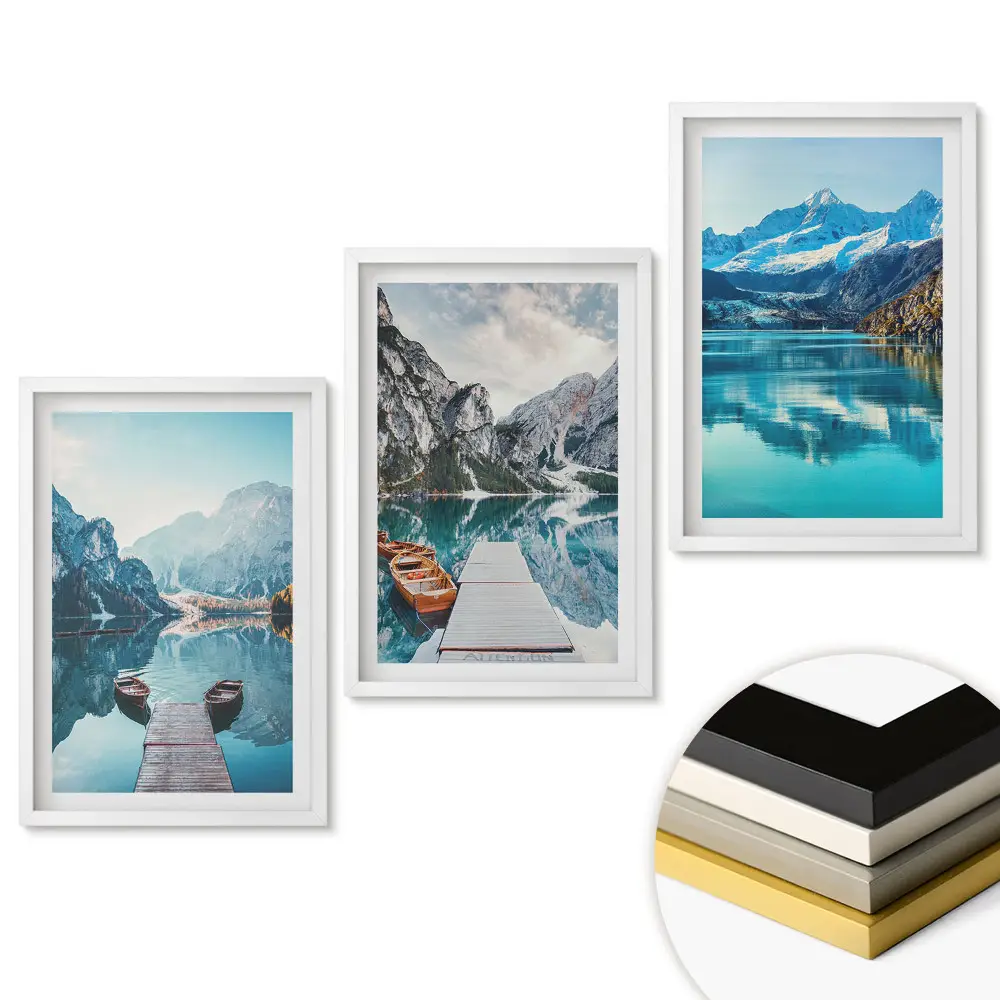 Triptych v rámu s motivem malebných jezer a horské krajiny
