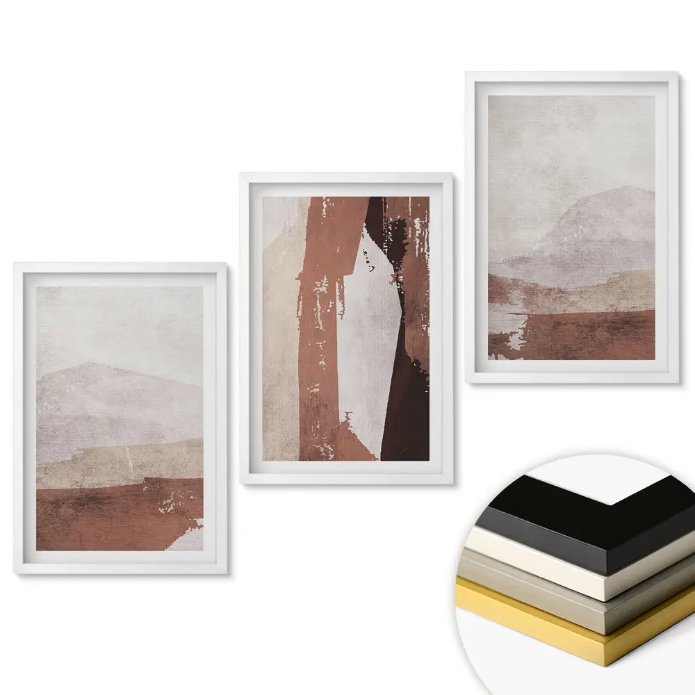 Triptych Abstraktní krajiny v rámu v tlumených barvách