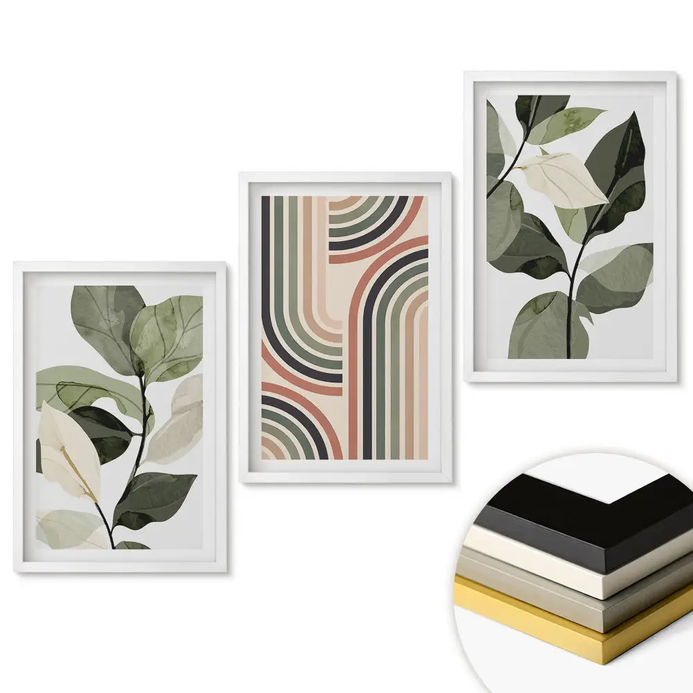 Triptych v rámu s motivem rostlin v moderním stylu