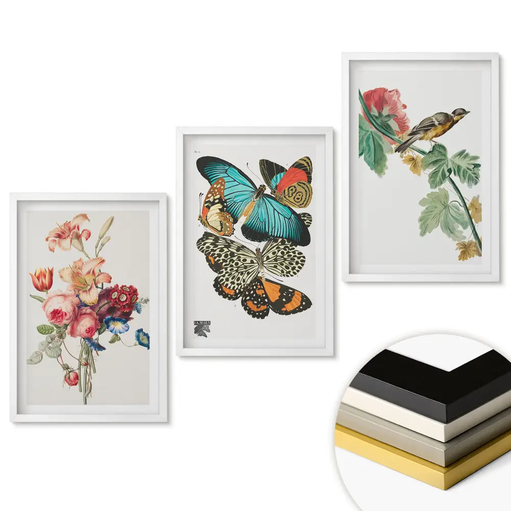 Triptych v rámu Květiny, motýli a ptáci v umění