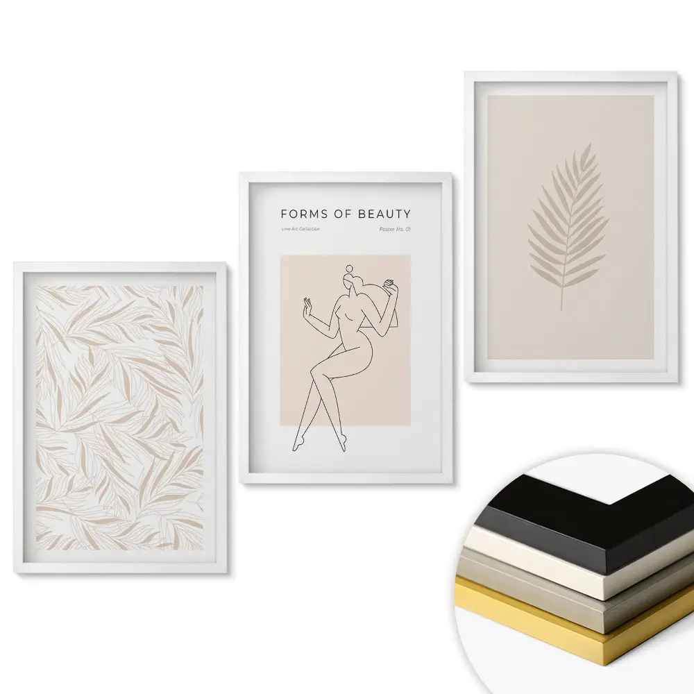 Triptych Elegance a příroda v minimalistickém stylu v rámu