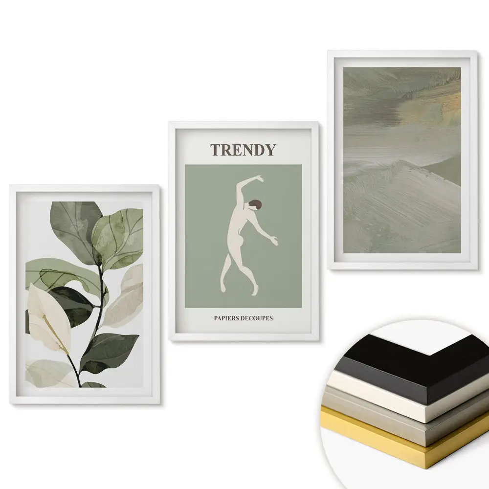 Moderní triptych v rámu s rostlinným motivem