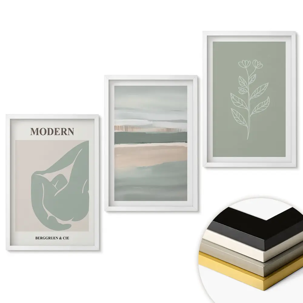 Moderní triptych v rámu s jemnou grafikou