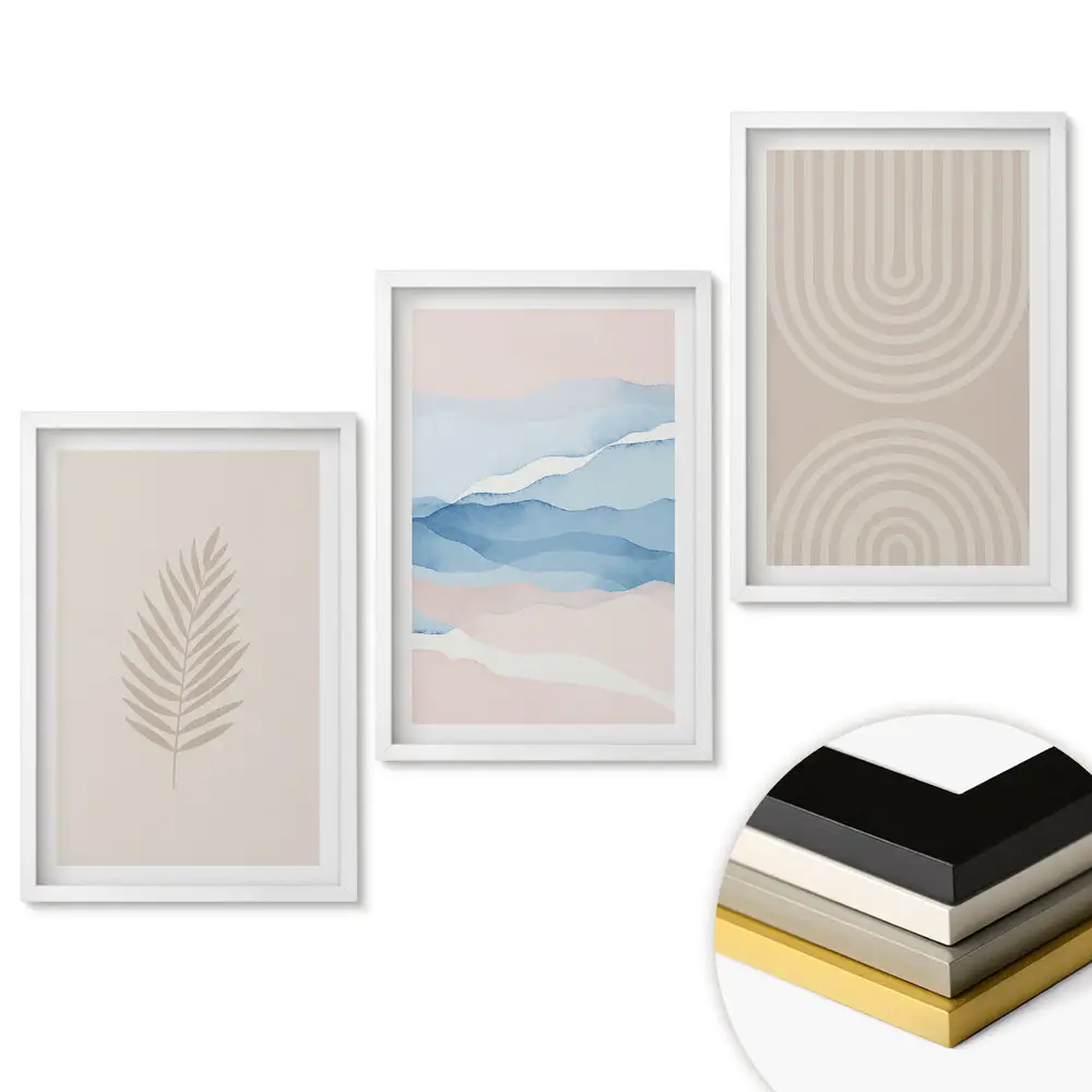 Sada obrazů do obývacího pokoje s minimalistickou grafikou v pastelových barvách