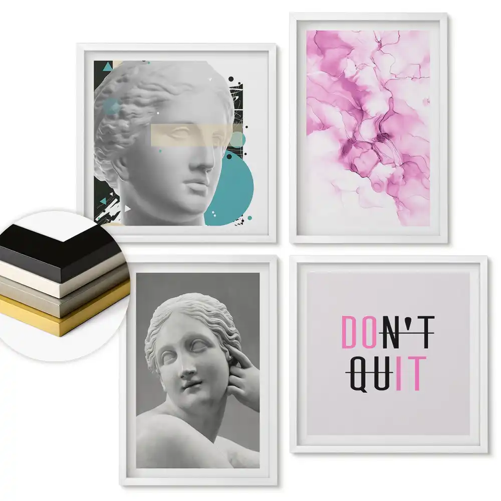 Sada 4 obrazů v rámu s inspirativní grafikou
