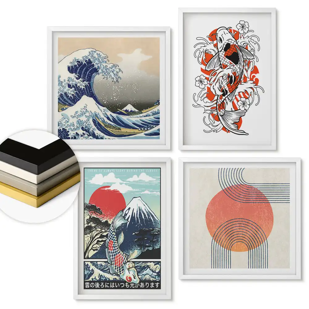 Sada 4 obrazů v rámu v moderním japonském stylu