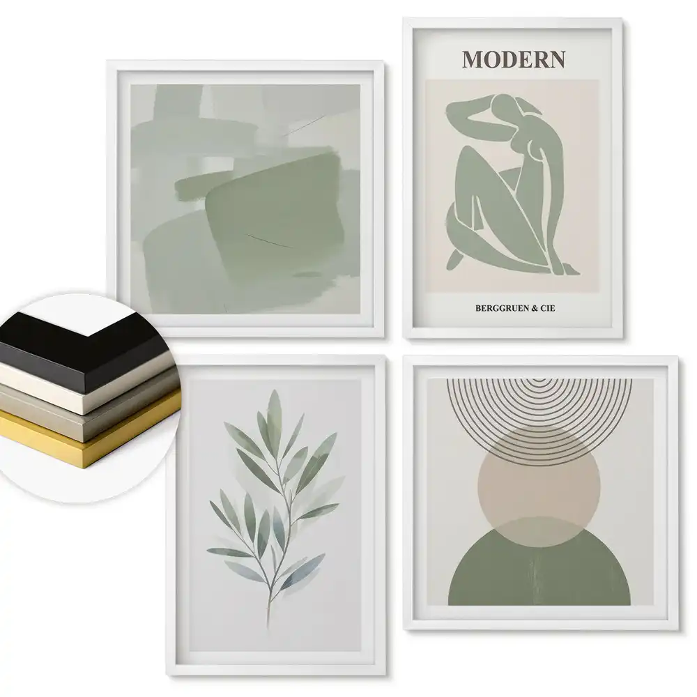 Sada 4 obrazů v rámu s moderní grafikou v tlumených barvách