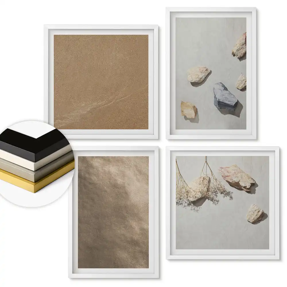 Sada zarámovaných obrazů s motivem přírodních textur v minimalistickém stylu