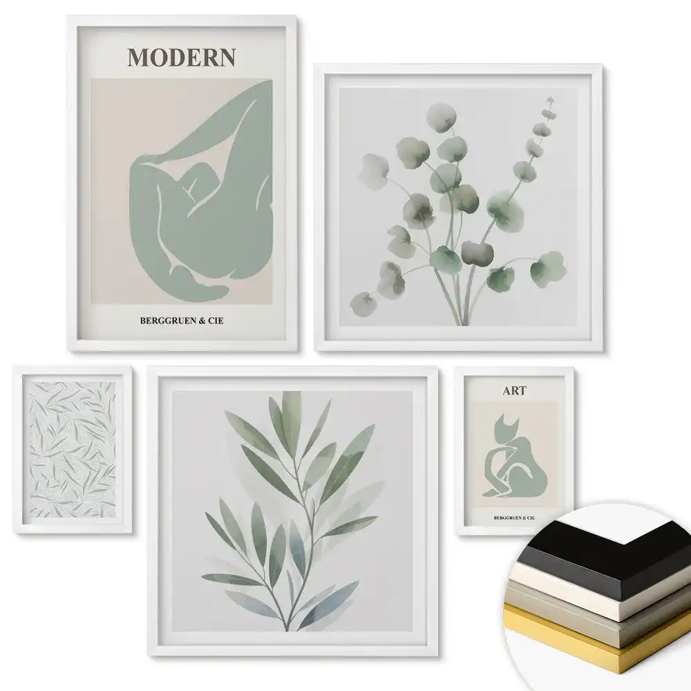 Nástěnná galerie s moderní botanickou grafikou
