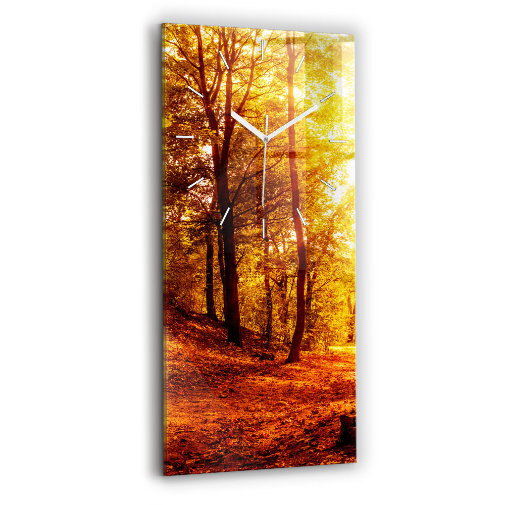 Skleněné hodiny nástěnné vertikální Lesní krajina na slunci