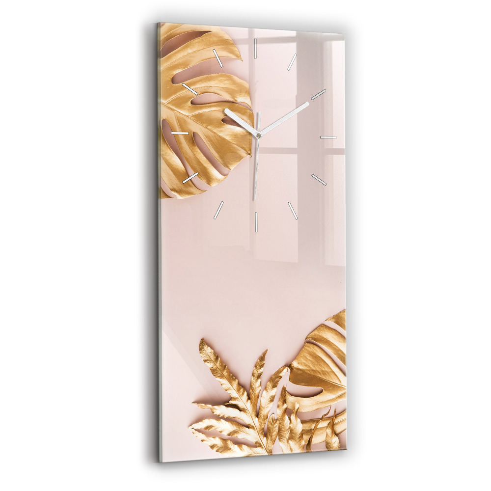Nástěnné hodiny skleněné vertikální Zlaté tropické listy