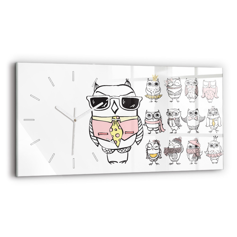 Skleněné nástěnné hodiny horizontální Vintage plakát se sovami
