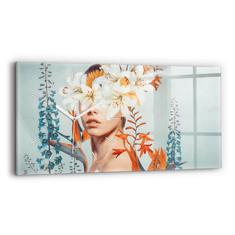 Skleněné hodiny na zed horizontální Žena s květinami