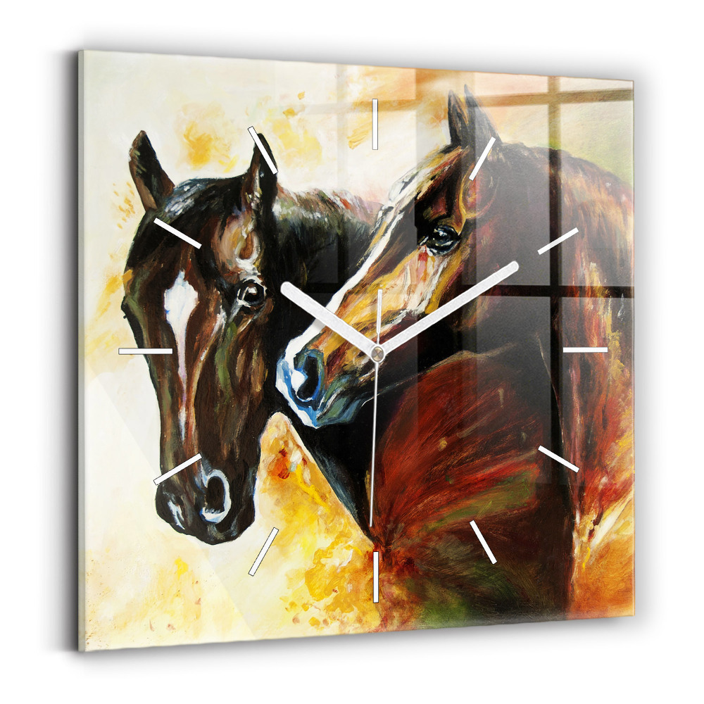 Skleněné nástěnné hodiny Dva malovaní koně