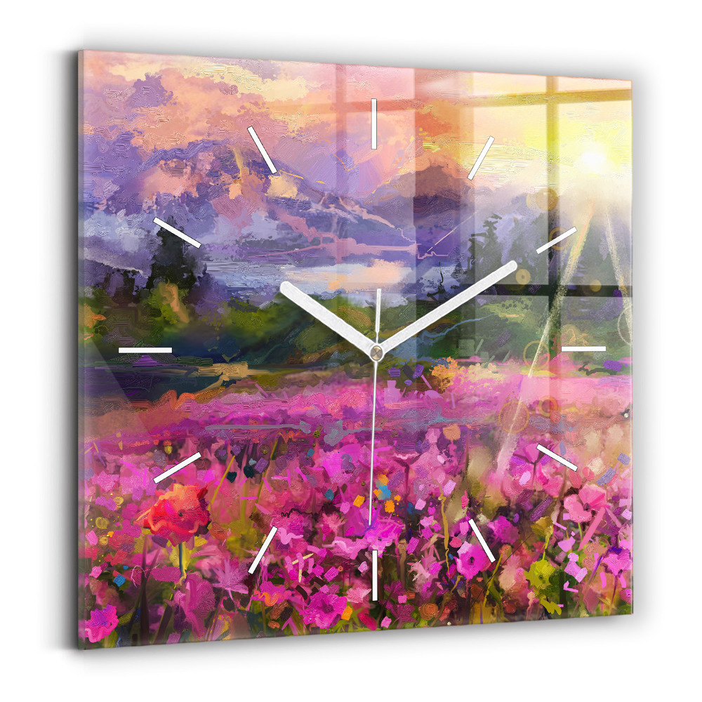 Skleněné nástěnné hodiny Louka při západu slunce