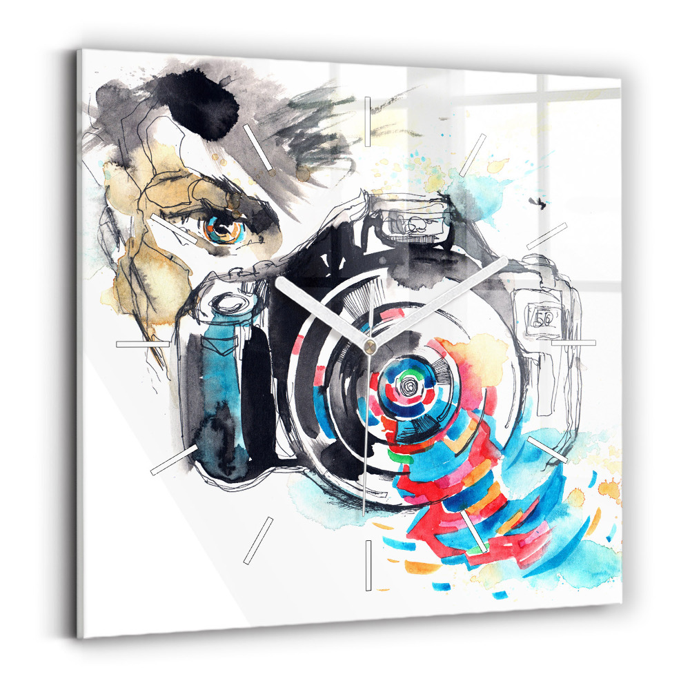 Skleněné hodiny na stěnu Žena fotografka