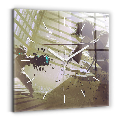 Skleněné hodiny na stěnu Boj mezi robotem a samurajem