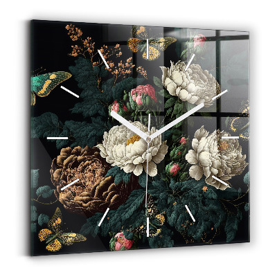 Skleněné hodiny Květina a zlatí motýli