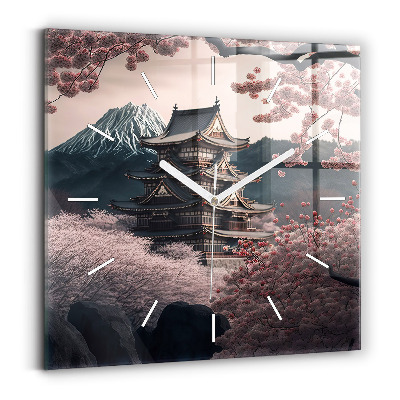 Skleněné nástěnné hodiny Věž a květiny v Asii