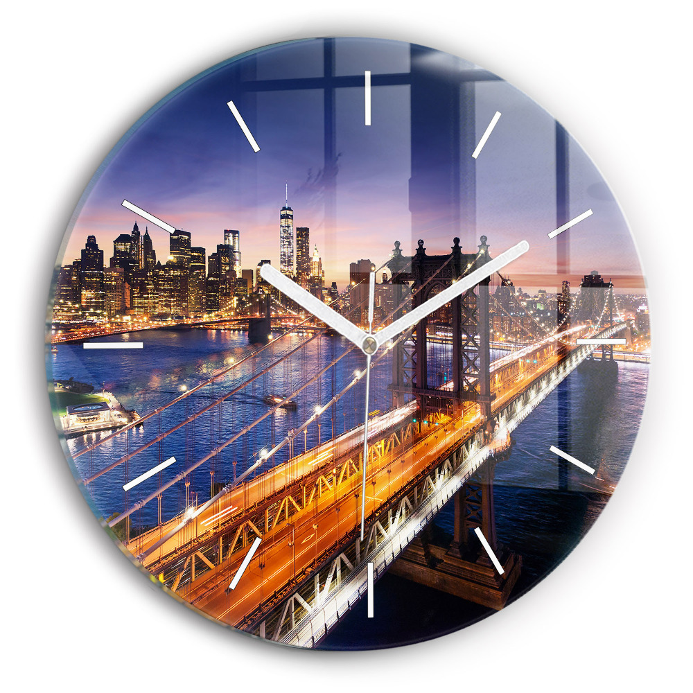 Nástěnné hodiny skleněné kulaté New York a západ slunce