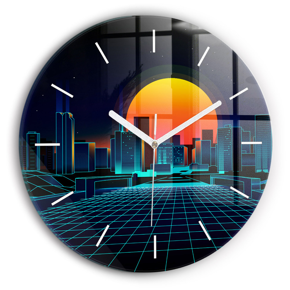 Nástěnné hodiny skleněné kulaté Město v kyberprostoru