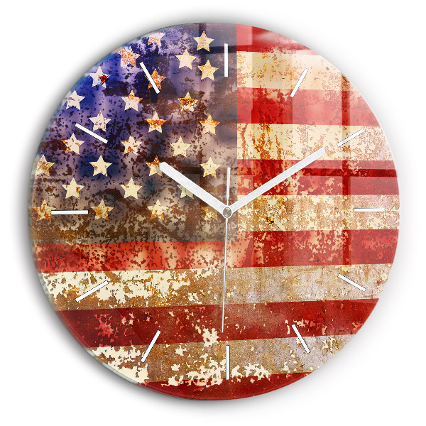 Skleněné hodiny nástěnné kulaté Vlajka USA ve vintage stylu