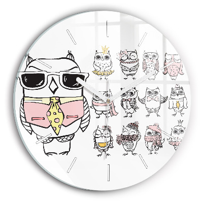 Skleněné hodiny na zed kulaté Vintage plakát se sovami