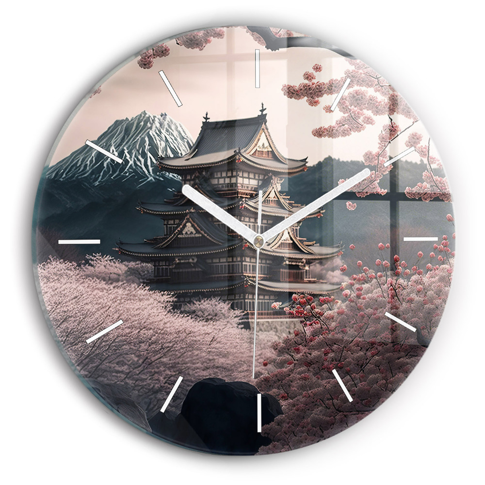Skleněné hodiny nástěnné kulaté Věž a květiny v Asii
