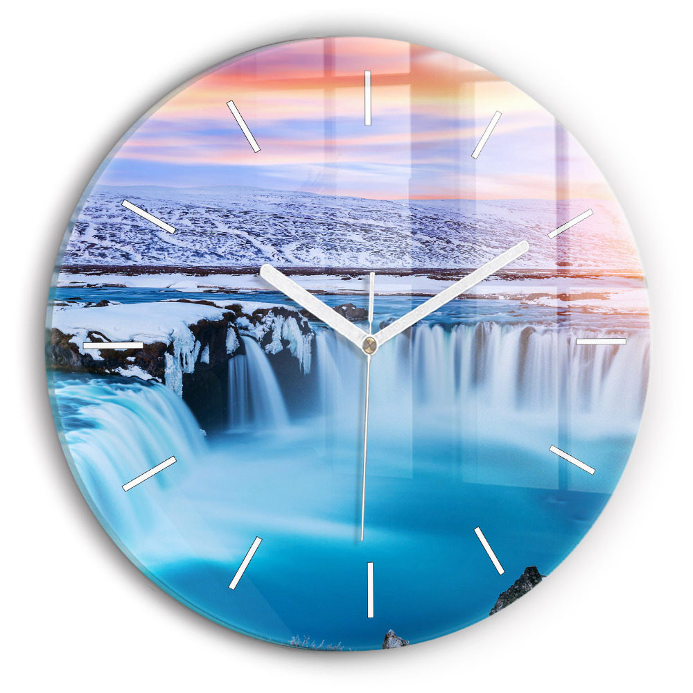 Nástěnné hodiny skleněné kulaté Vodopád Godafoss Island