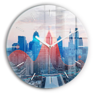 Skleněné hodiny nástěnné kulaté Mrakodrapy ve Filadelfii