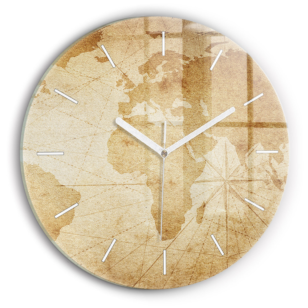 Skleněné hodiny s fotkou kulaté Vintage mapa světa